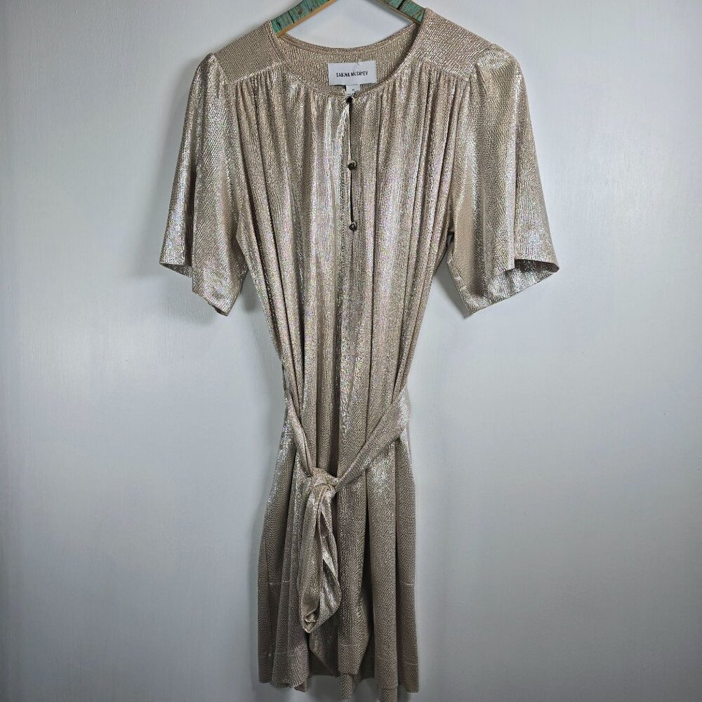 Sabina Musayev Gold Metallic Shimmer Foil O/S Belted Button-up Dress, M, NWOT - Picture 4 of 12